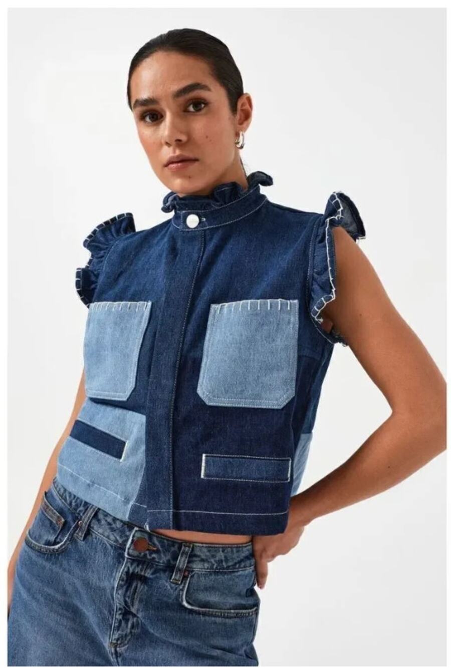 Seventy + Mochi Size US 8 Denim Ruffle Shoulder Patchwork Utility Vest